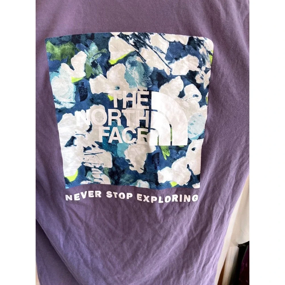 The North Face Mens XS Purple Long Sleeve Floral Box Logo Graphic‎ T-Shirt